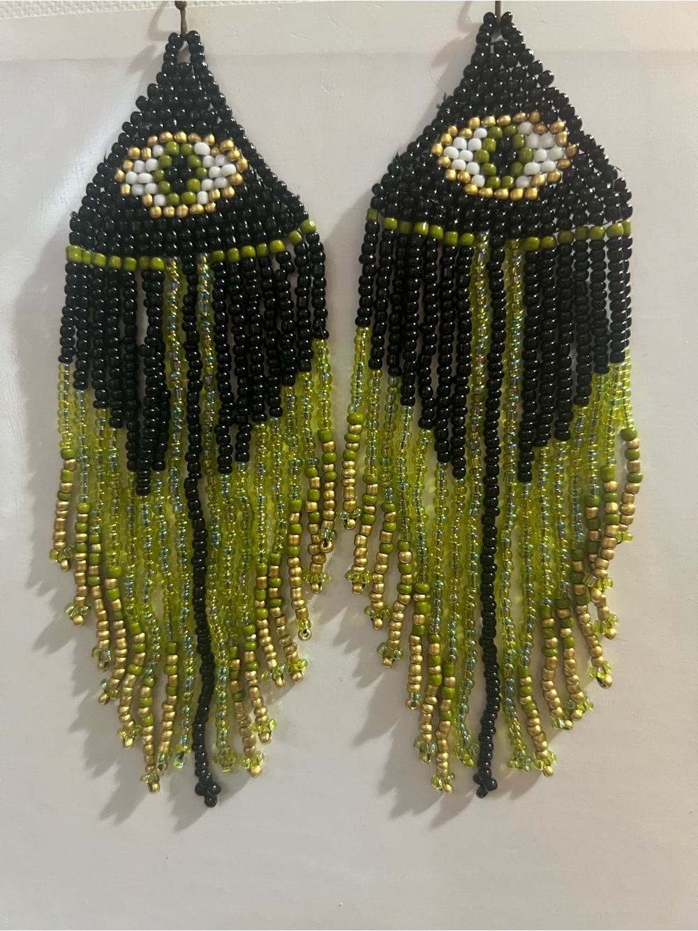 Handmade Black and Olive Green Beaded Fringe Earrings